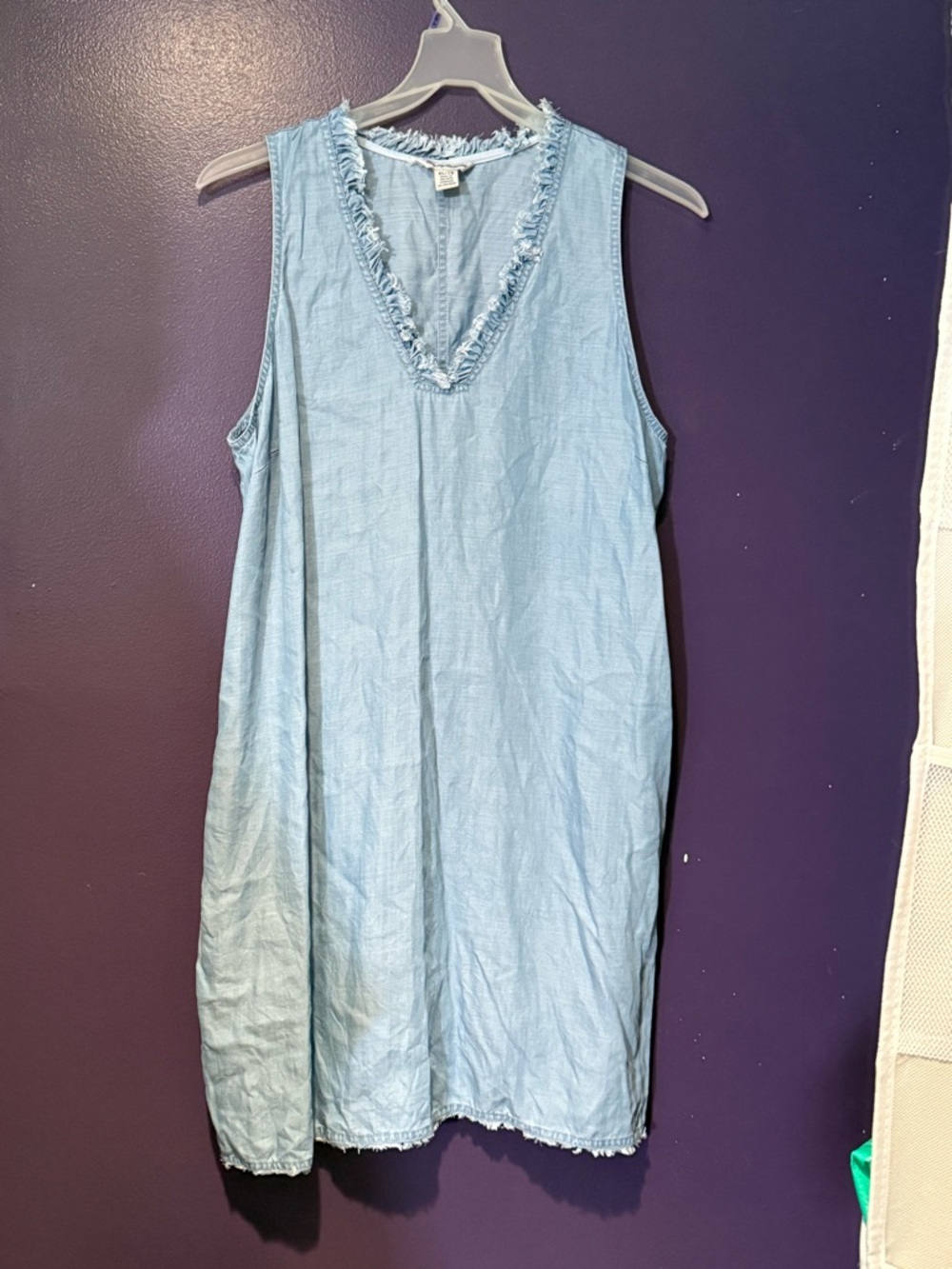 TOMMY BAHAMA Blue Chambray Tencel Ruffled- Frayed V-Neck Casual Shift Dress XL